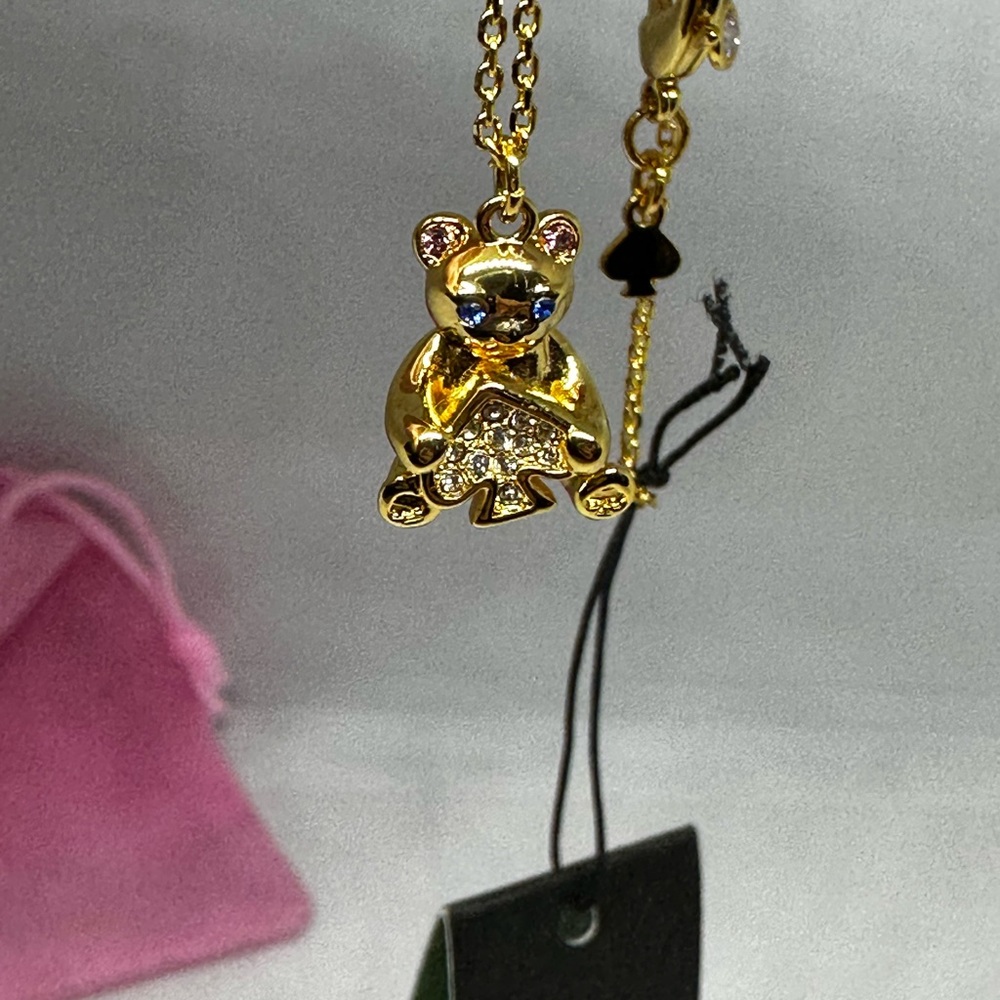 Kate Spade ♠️ Oh what Fun Teddy Bear Necklace with Pink crystal ears, Blue Eyes.